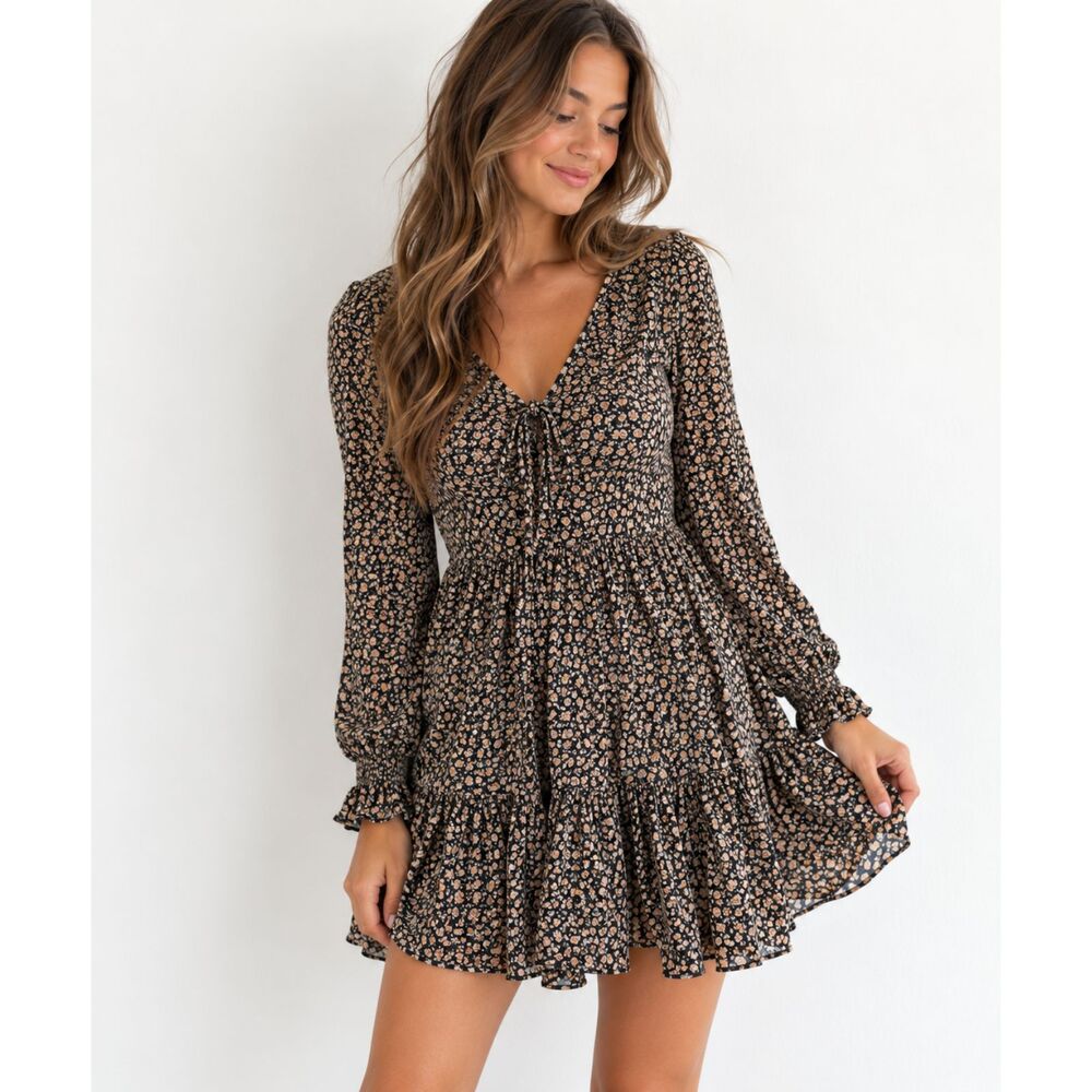 American Eagle Black Ditsy Floral Tiered Mini Dress Women’s XS Long Sleeve Boho